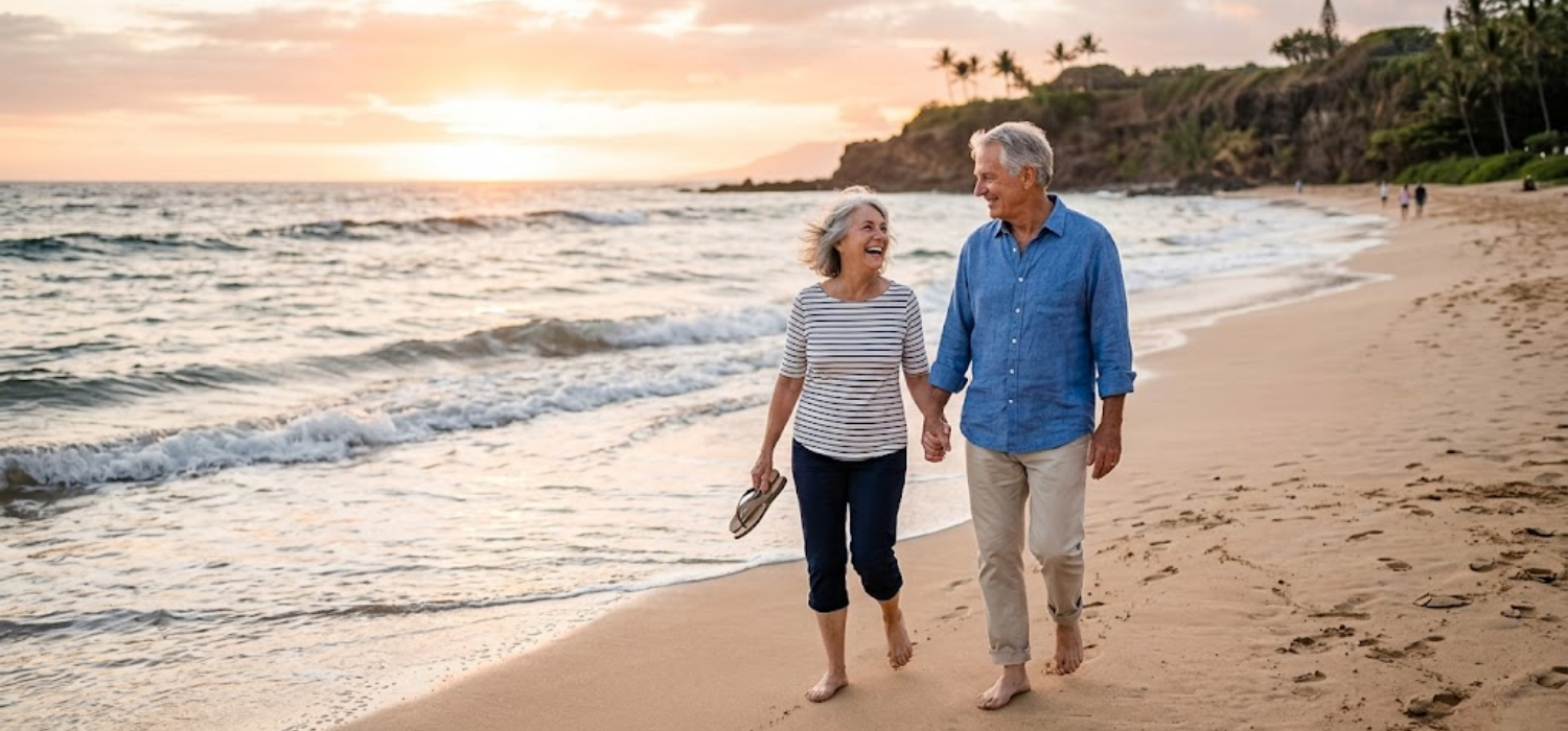 Seniors walking along the seashore at sunset, smiling and enjoying each other’s company with a sense of peace and security, knowing their final expense plans are in place.
