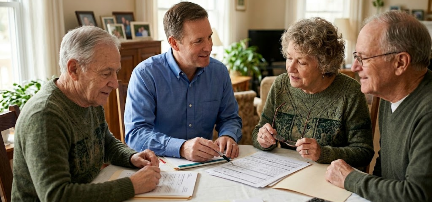 An insurance agent reviews paperwork at a dining table with an elderly woman and two elderly men in a cozy living room setting.
