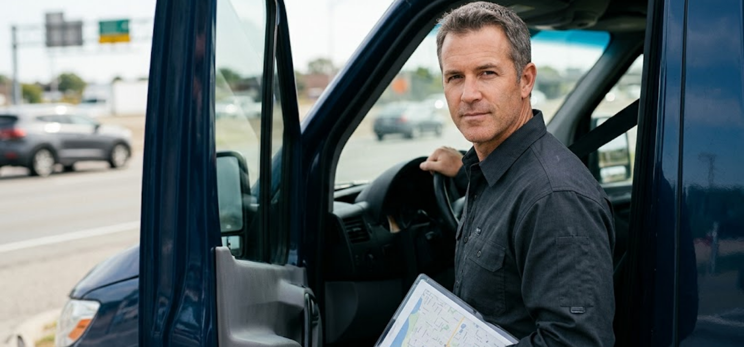 A professional driver in a dark grey work shirt sits in the driver's seat of a dark blue transport van with the door open, holding a clipboard with a map while looking confidently toward the camera