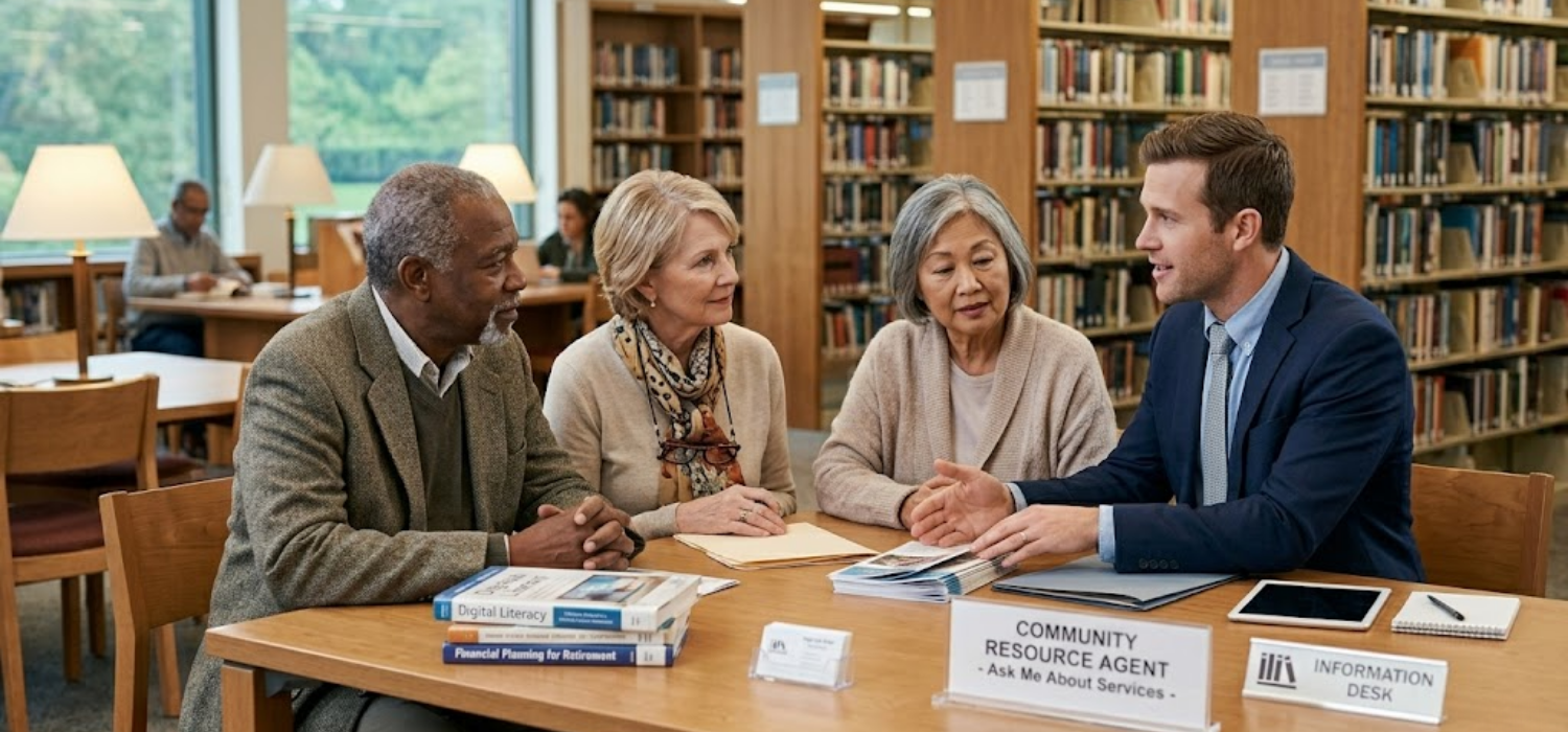 A warm and trustworthy scene of a professional insurance advisor meeting with a diverse group of seniors (aged 60+)