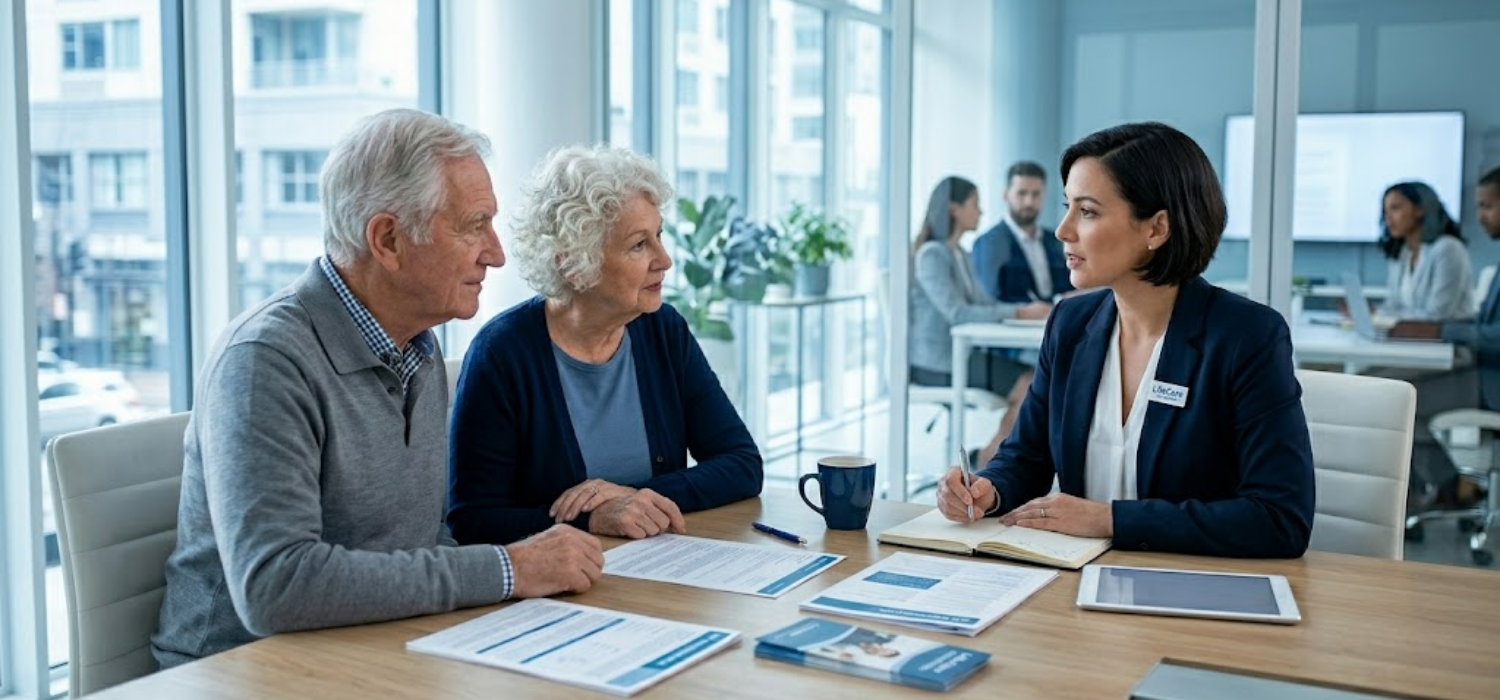 Two seniors in their 70s—a man with gray hair in a sweater and a woman with curly white hair—sit at a wooden desk, engaged in a serious yet calm conversation with a female life insurance agent. 