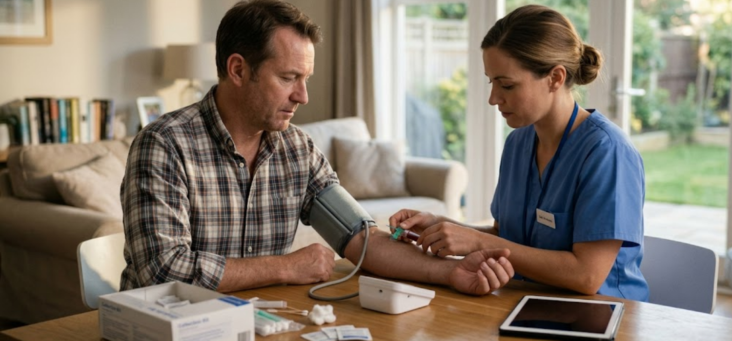 A man has his blood pressure checked and blood drawn at home by a healthcare worker, illustrating how to qualify for final expense insurance and comparing traditional medical underwriting with burial 