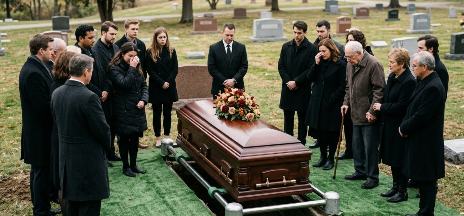 Funeral service with family gathered around a casket at a cemetery, illustrating the importance of burial insurance, funeral cost coverage 2026, what is burial insurance, final expense insurance, maxi