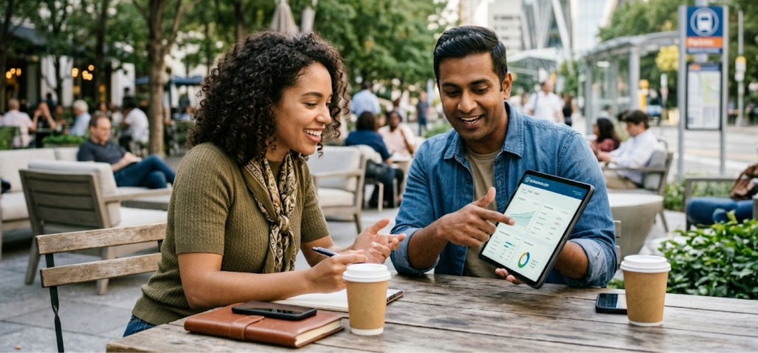 A smiling couple sitting at an outdoor cafe table with coffee cups, reviewing a car insurance comparison chart and financial graphs on a digital tablet.