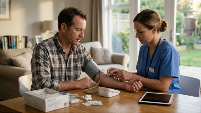 A man has his blood pressure checked and blood drawn at home by a healthcare worker, illustrating how to qualify for final expense insurance and comparing traditional medical underwriting with burial 
